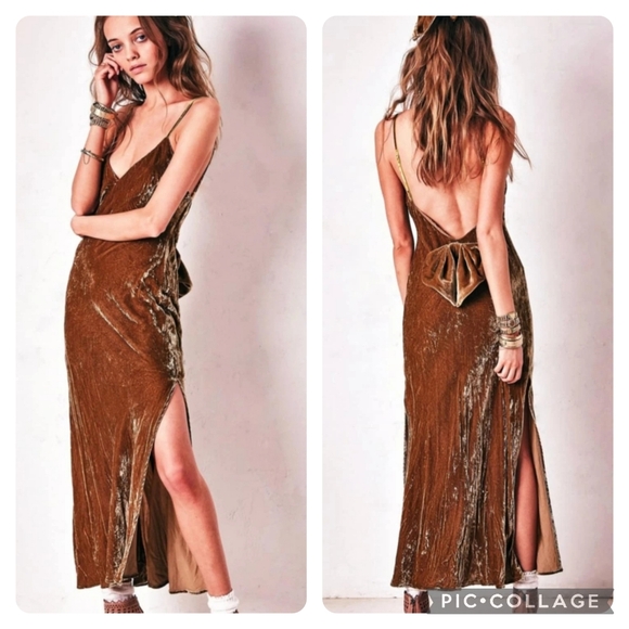 LoveShackFancy KATE SLIP Crushed Velvet CYPRESS Gold Strappy Bow Dress - Picture 1 of 4